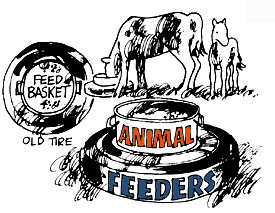 
Set a livestock feed or water bucket in the center of an old automobile tire and the animal or animals won't be able to overturn the container. 
